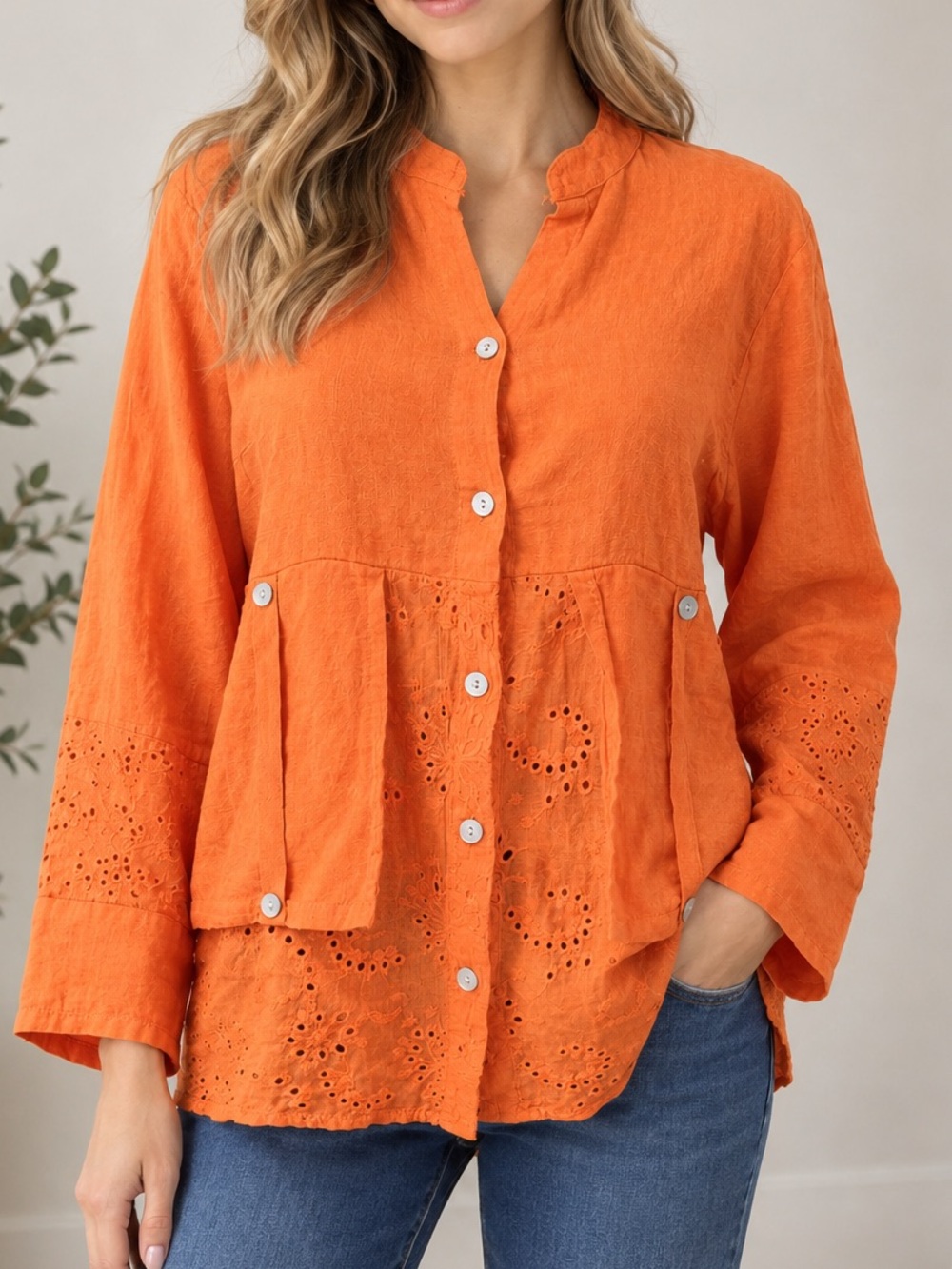 Made in Italy Linen Orange Eyelet Button Up Long Sleeve Tunic Top